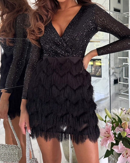 Women's V-Neck Wrap Dress with Sequins and a Fringe Hem
