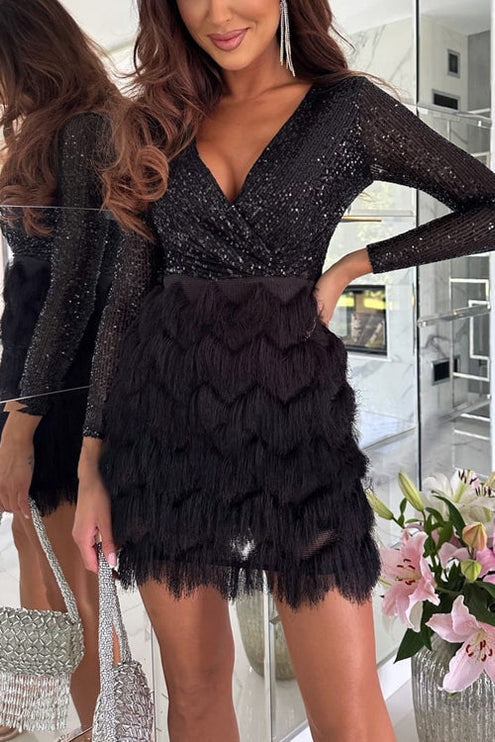 Women's V-Neck Wrap Dress with Sequins and a Fringe Hem