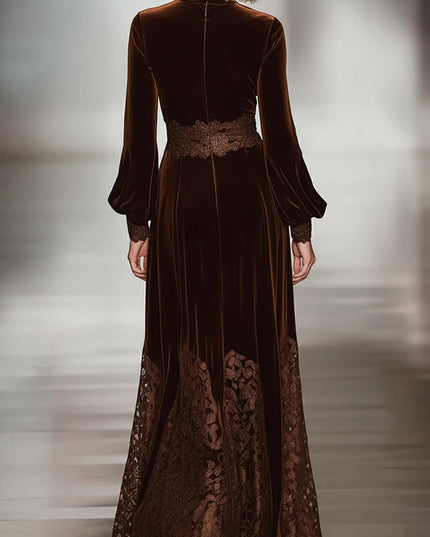 Women's Velvet Evening Gown in Brown with a Lace Hemline