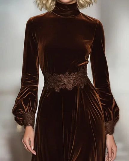 Women's Velvet Evening Gown in Brown with a Lace Hemline