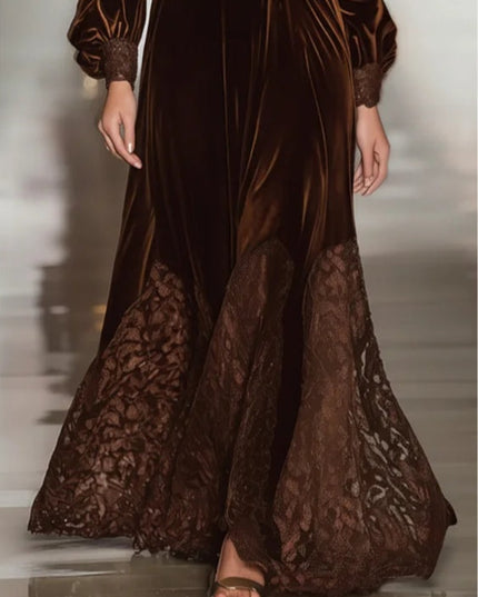 Women's Velvet Evening Gown in Brown with a Lace Hemline