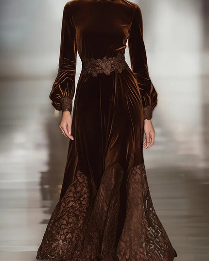 Women's Velvet Evening Gown in Brown with a Lace Hemline