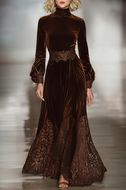 Women's Velvet Evening Gown in Brown with a Lace Hemline