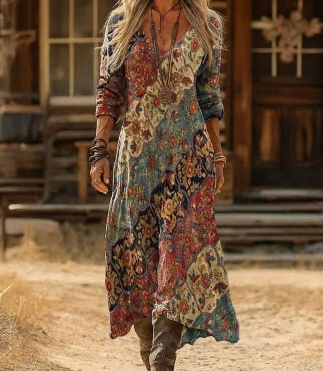 Women's Vintage Floral Long Sleeve Boho Maxi Dress