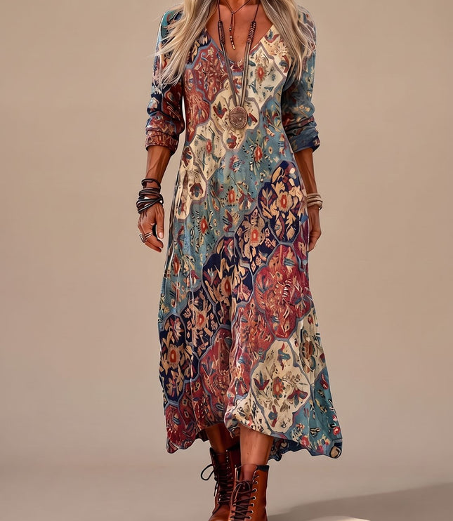 Women's Vintage Floral Long Sleeve Boho Maxi Dress