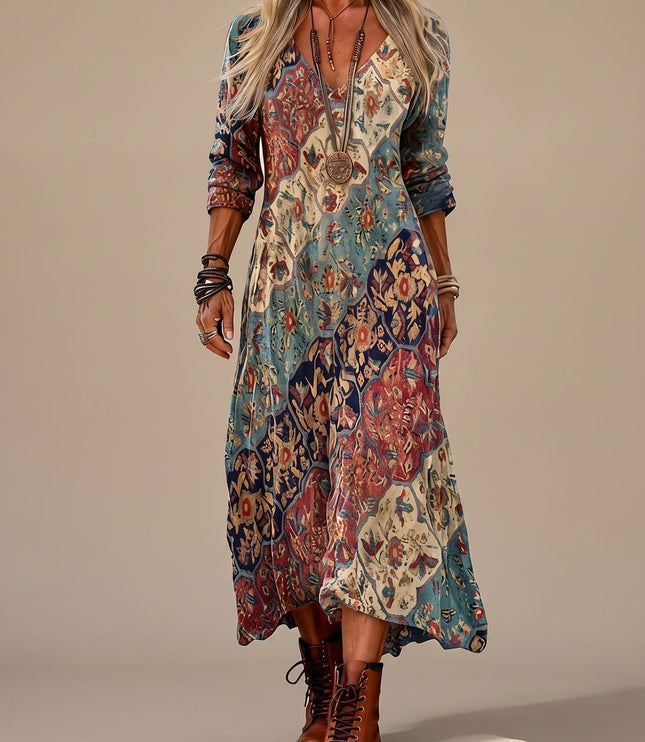 Women's Vintage Floral Long Sleeve Boho Maxi Dress