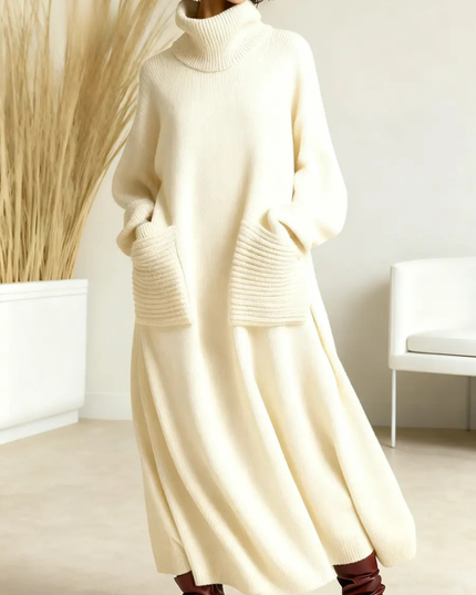 Women's Voluminous Maxi Dress with a Turtleneck and Pockets