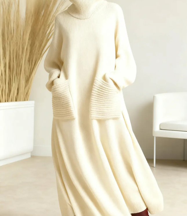 Women's Voluminous Maxi Dress with a Turtleneck and Pockets