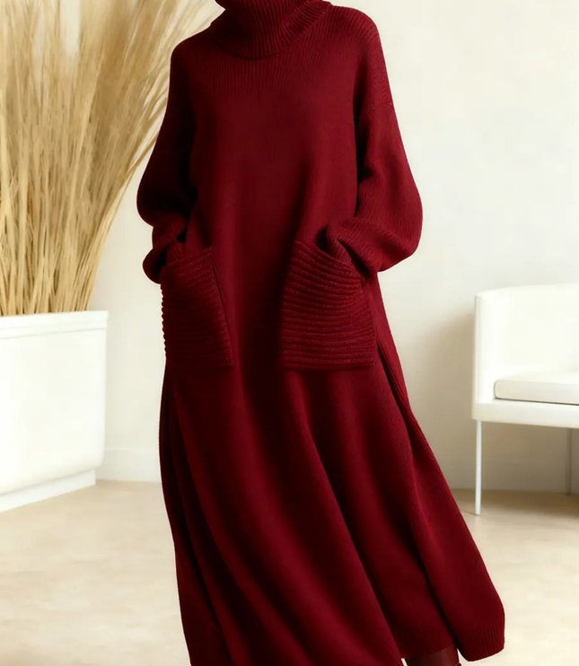 Women's Voluminous Maxi Dress with a Turtleneck and Pockets