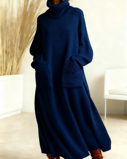 Women's Voluminous Maxi Dress with a Turtleneck and Pockets