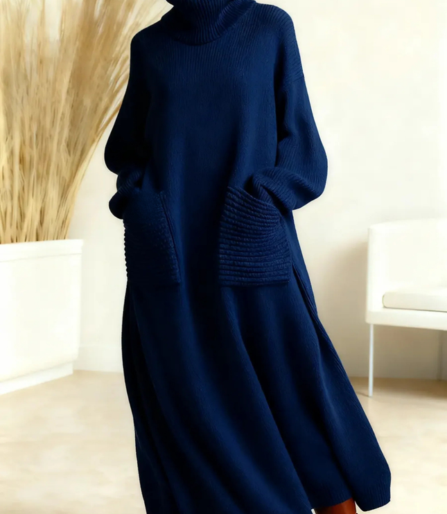 Women's Voluminous Maxi Dress with a Turtleneck and Pockets