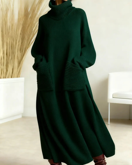 Women's Voluminous Maxi Dress with a Turtleneck and Pockets