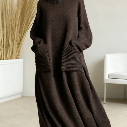 Women's Voluminous Maxi Dress with a Turtleneck and Pockets