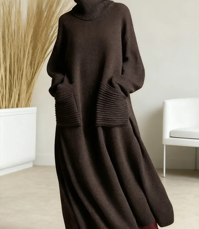 Women's Voluminous Maxi Dress with a Turtleneck and Pockets