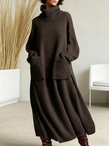 Women's Voluminous Maxi Dress with a Turtleneck and Pockets