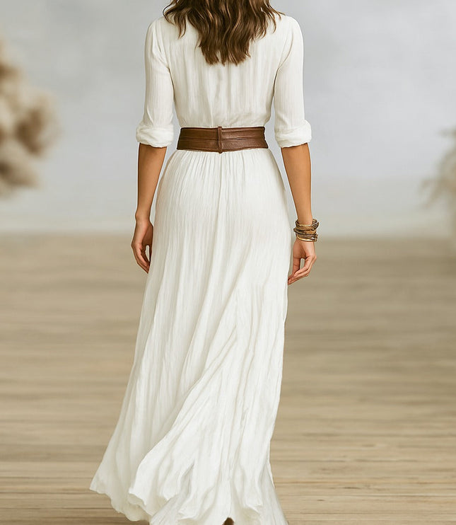 Women's Waist Defining Pleated Lapel Long Shirt Dress