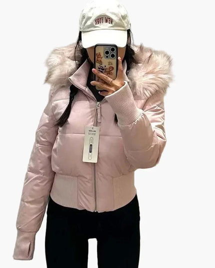 Women's Waist-Length Puffer Jacket with Fur Hood