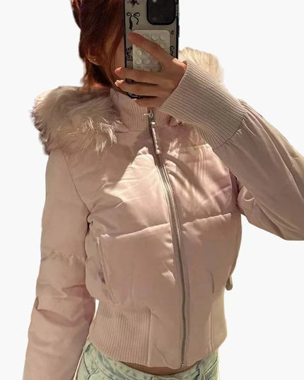 Women's Waist-Length Puffer Jacket with Fur Hood