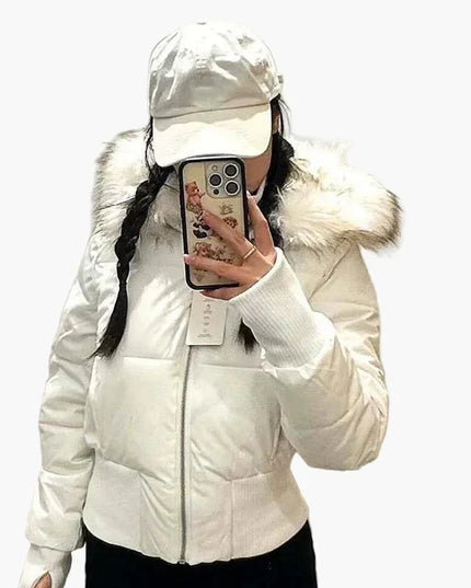 Women's Waist-Length Puffer Jacket with Fur Hood