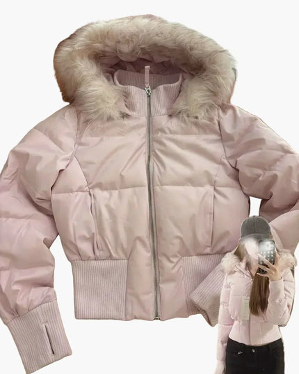 Women's Waist-Length Puffer Jacket with Fur Hood