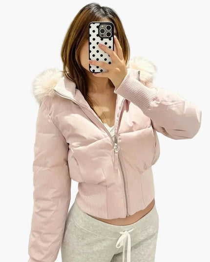 Women's Waist-Length Puffer Jacket with Fur Hood