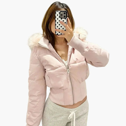 Women's Waist-Length Puffer Jacket with Fur Hood