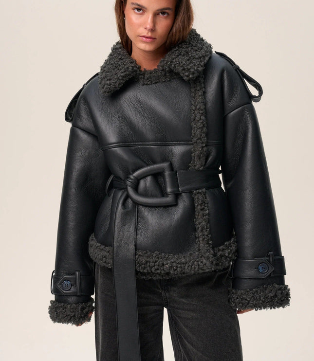 Women's Warm Faux Shearling Aviator Winter Jacket