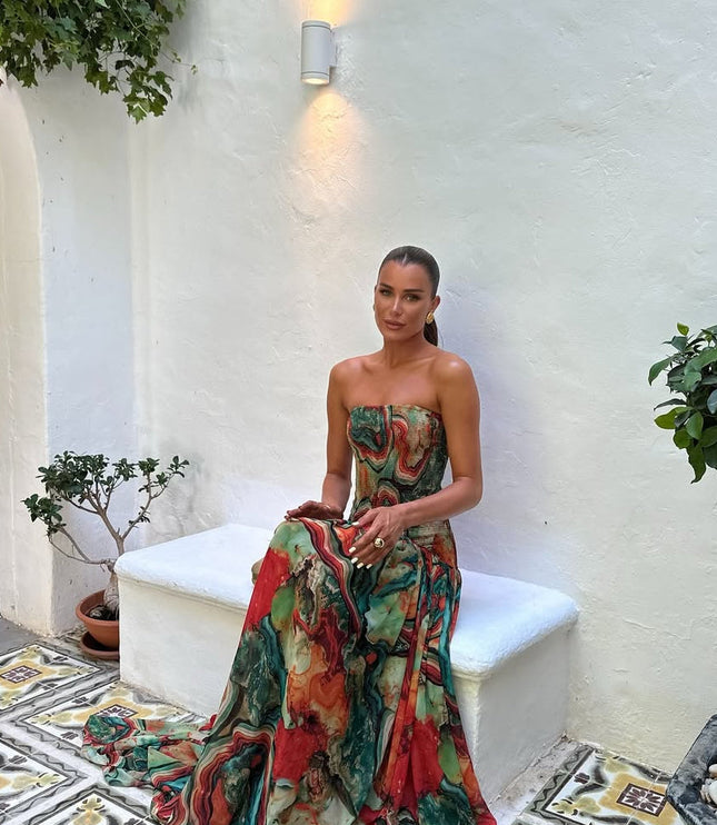 Women's Watercolor Print Maxi Dress with a Strapless Bodice