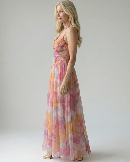 Women's Watercolor Print Pleated Summer Maxi Dress