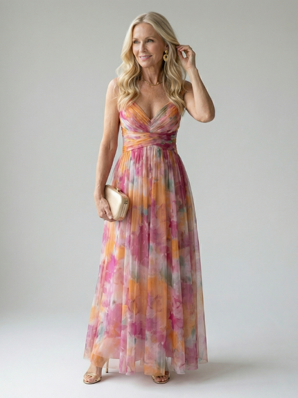 Women's Watercolor Print Pleated Summer Maxi Dress