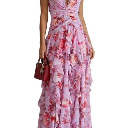 Pink floral halter maxi dress with ruffled tiers and deep V neckline for wedding guest