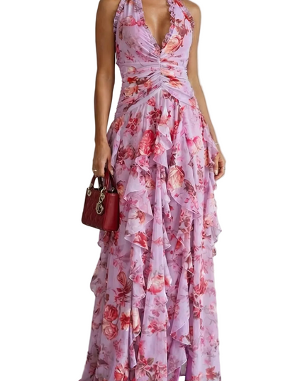 Pink floral halter maxi dress with ruffled tiers and deep V neckline for wedding guest