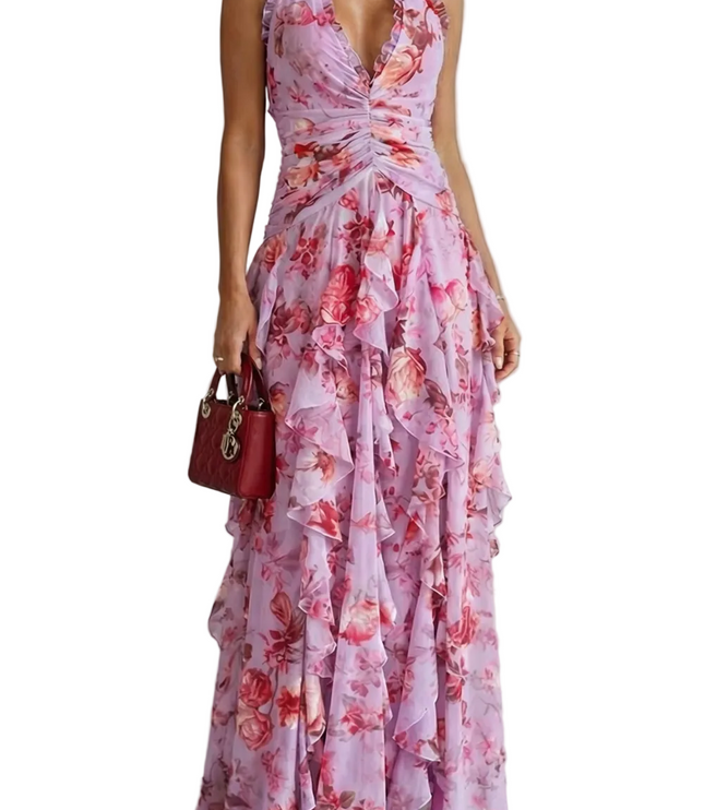 Pink floral halter maxi dress with ruffled tiers and deep V neckline for wedding guest