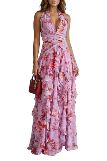 Pink floral halter maxi dress with ruffled tiers and deep V neckline for wedding guest