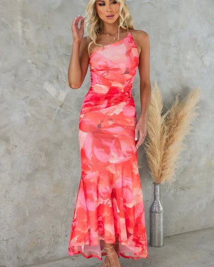 Coral pink floral one shoulder midi dress with ruched waist and flowy hem