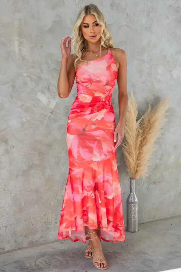 Coral pink floral one shoulder midi dress with ruched waist and flowy hem