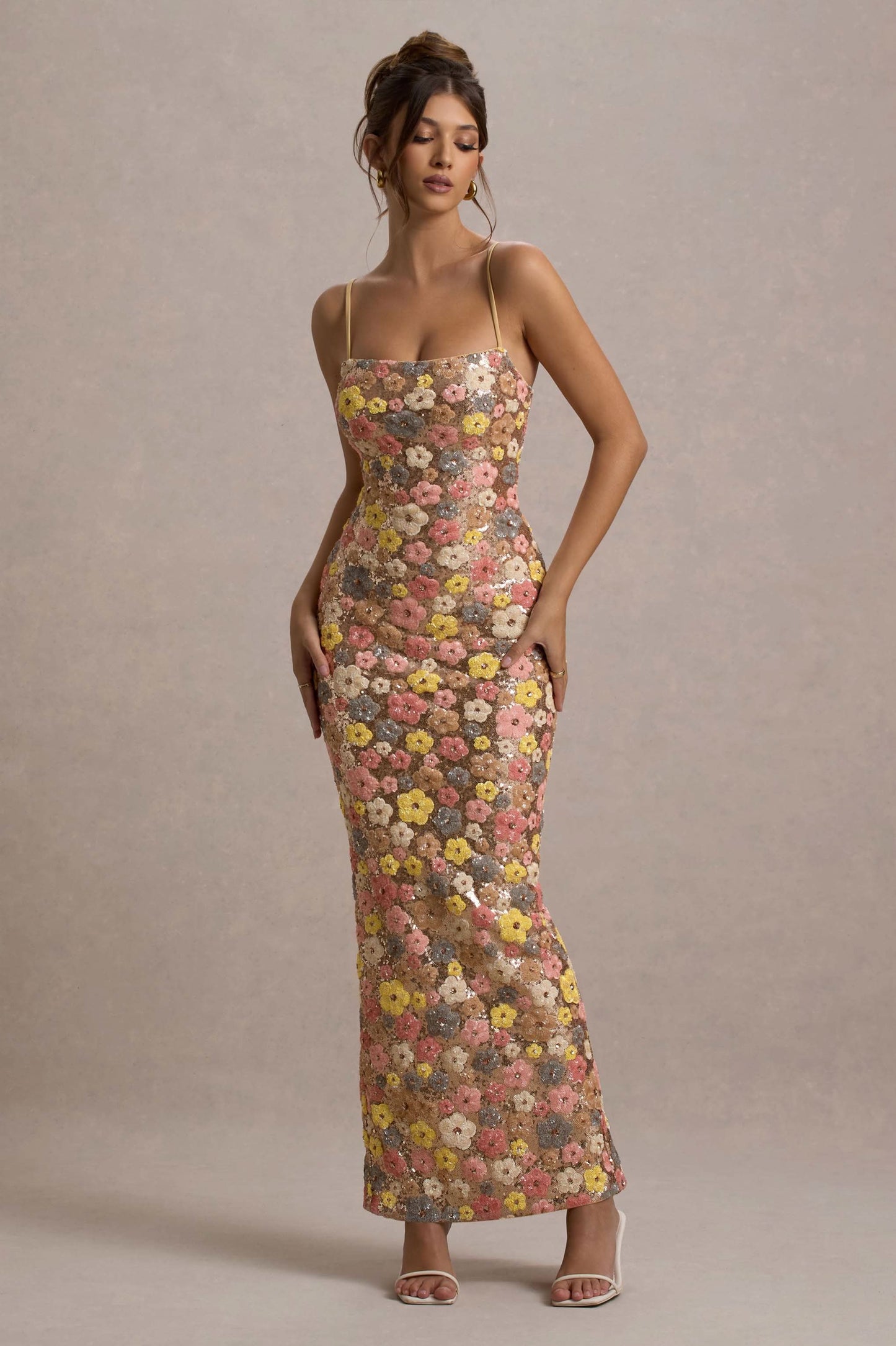 Women’s floral sequin maxi dress in a fit, side and back view with open back detail