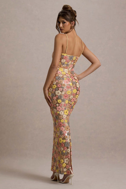 Women’s floral sequin maxi dress with square neckline and full-length hem, front view
