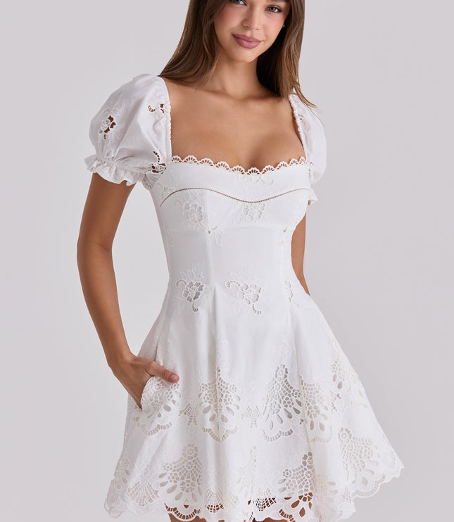 Women's White Cotton Mini Dress for Summer Weddings