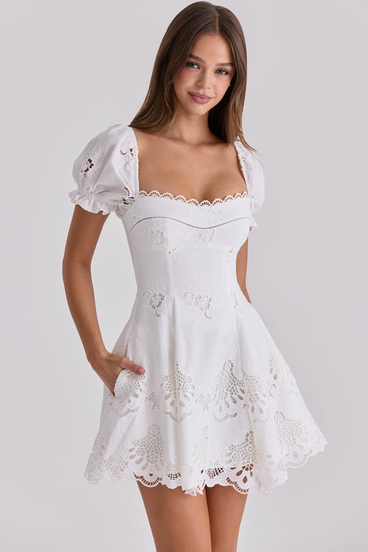 Women's White Cotton Mini Dress for Summer Weddings