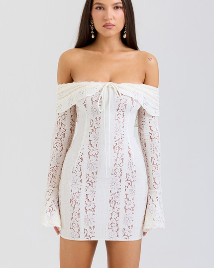 Women's White Lace Off Shoulder Wedding Guest Mini Dress