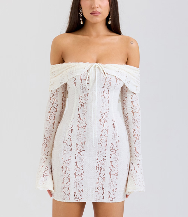 Women's White Lace Off Shoulder Wedding Guest Mini Dress