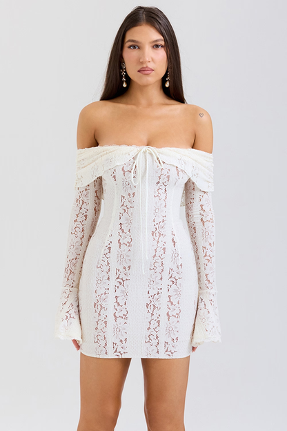 Women's White Lace Off Shoulder Wedding Guest Mini Dress