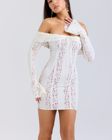 Women's White Lace Off Shoulder Wedding Guest Mini Dress