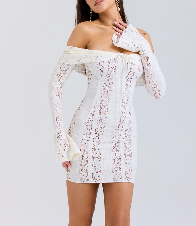 Women's White Lace Off Shoulder Wedding Guest Mini Dress