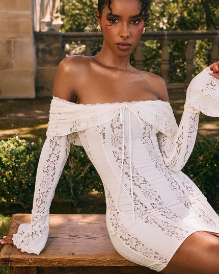 Women's White Lace Off Shoulder Wedding Guest Mini Dress