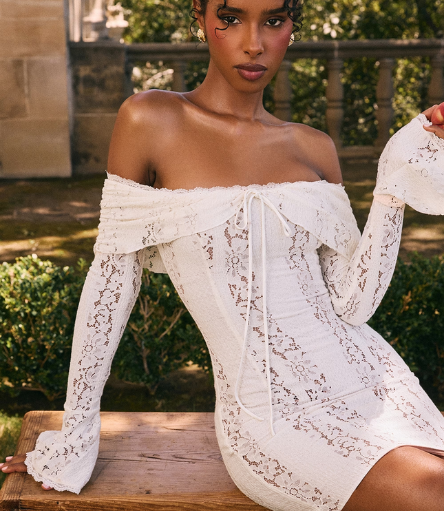Women's White Lace Off Shoulder Wedding Guest Mini Dress