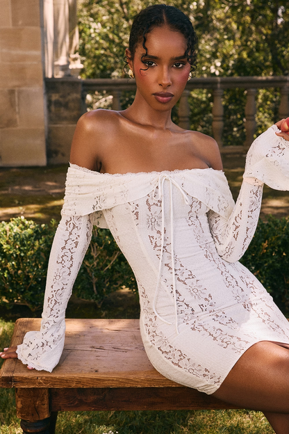 Women's White Lace Off Shoulder Wedding Guest Mini Dress
