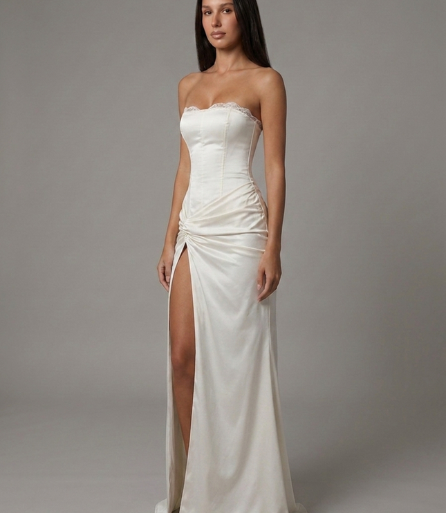 Women's White Satin V-Neck Summer Wedding Guest Maxi Dress