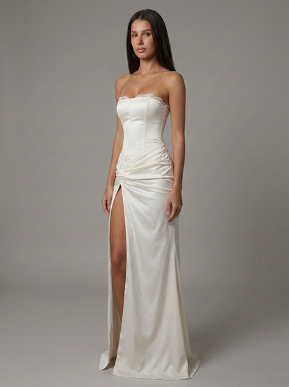 Women's White Satin V-Neck Summer Wedding Guest Maxi Dress